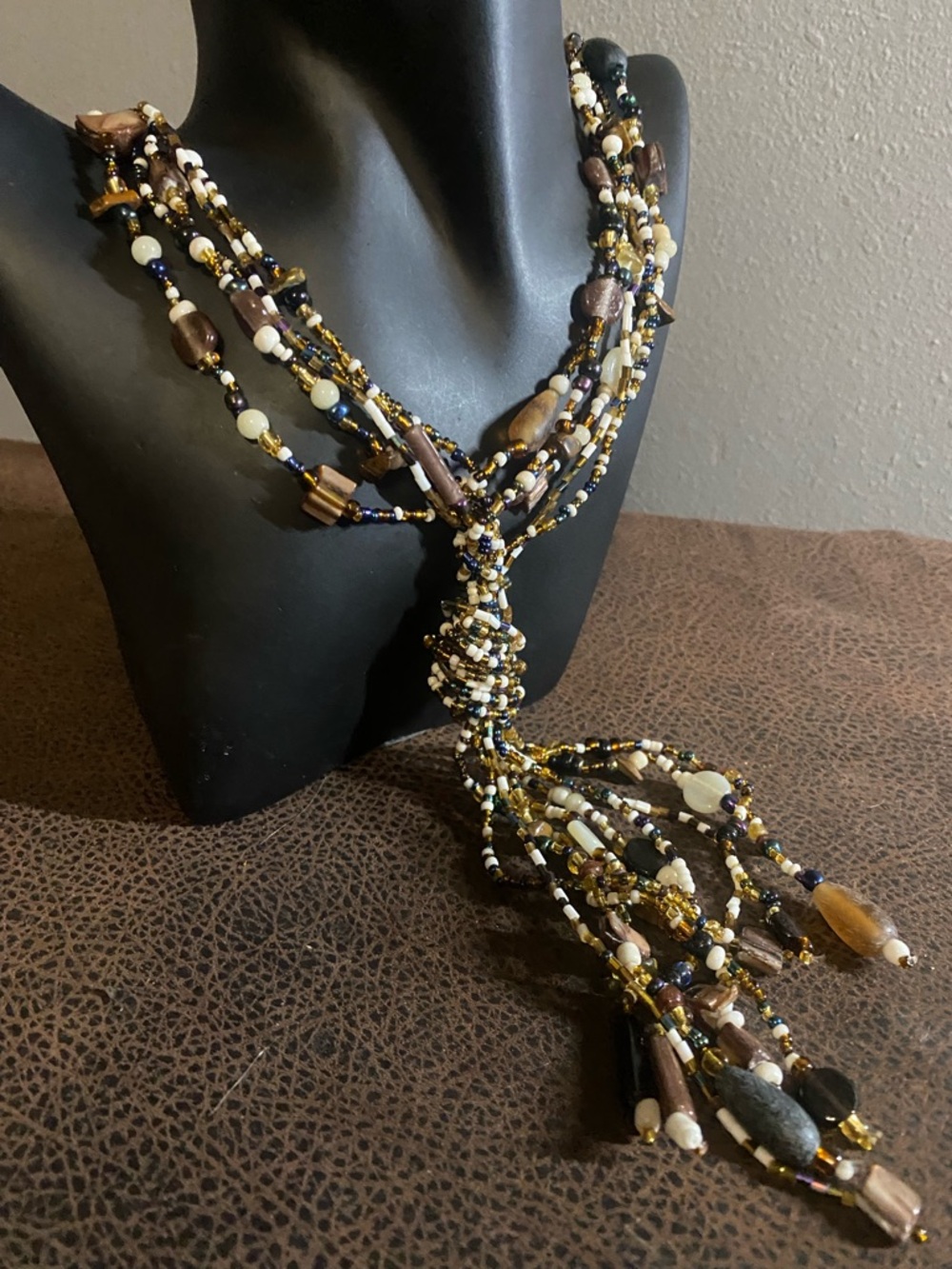 Multi-Strand Brown and Gold Beaded Earthtones Statement Tassel Necklace